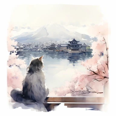Watercolor Cute Ragdoll Cat sitting at her back in a wide window, and watching Mount Fuji in Japan,lake reflection of everything, architecture of houses, Clipart Watercolor By Yuzo Komori. clean line, white background, spaced out