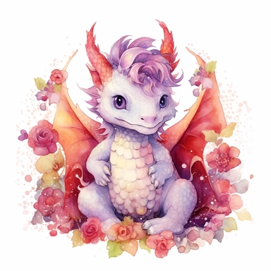 Watercolor fantasy baby dragon clipart full body, sitting, surrounded by flowers, red and purple color palette, hand painted, white background