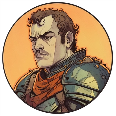 A Dungeons & Dragons character portrait circular tondo depicting a badass desert onsen knight, Craig Mullins Ashley Wood Bernard Buffet Josh Kirby, Mad Max Lord of the Rings Discworld, handpainted punk zine indie retrowave, clipart illustration, circular solid background circular border