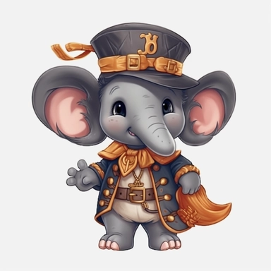 cute elephant in a Pirate Costume, cartoon clipart, isolated white background, 32k