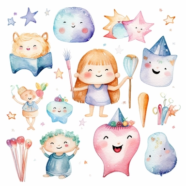 Cute kawaii dentist watercolor white background clipart set single elements with margin