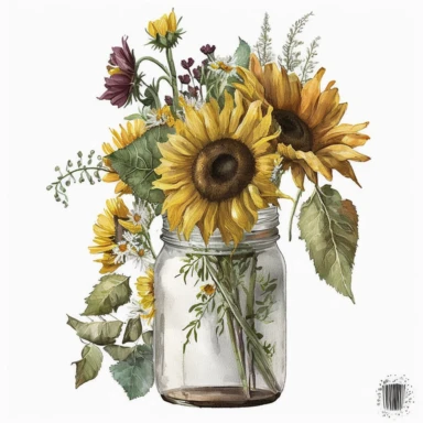 atercolor sunflower clipart, sunflower floral bouquet, white background, sunflower bouquet in the jar, no captions--v 4