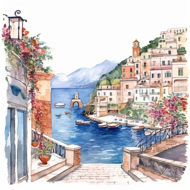 The Amalfi Coast, Italy, watercolor Clipart, watercolor Sublimation graphics, hand drawn illustration by katie daisy, Watercolor clipart, single design, single object, print on demand image, PNG transparent background, white background for removing background - - no text shadow font watermark, 8k