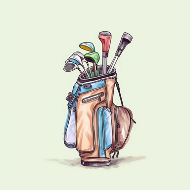 Full front view of standing golf bag with golf clubs sticking out of the back CLIPART, ink and very light gouache clean, watercolor sketchcamping icon, hand drawn pastel art cartoon art style, pastel colors, outline of icon is 8px, pastel color background