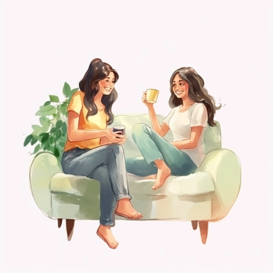 watercolor, Smiling woman friends drinking tea at home Happy females laughing and gossiping sit on comfortable couches isolated. People spending time together having a friendly conversation png Full body realistic cartoon in 32K UHD cute. 15 cm thick outl