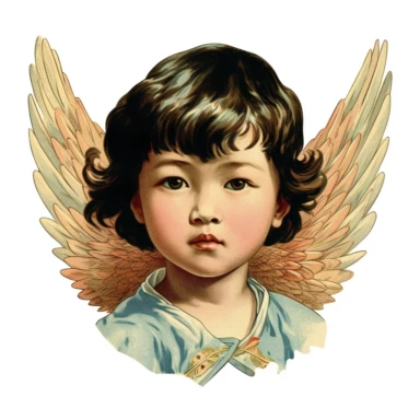 Vintage 1920 Portrait Shot View Of a asian child head with Angel Wings Behind it Illustration , in the style of late 19th century, Chromolithograph, 1920s Illustration, Vintage, Chromolithograph, Colorful, Antique, Ephemera, Clipart, 8k, Isolated on white