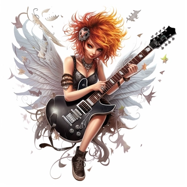 a beautiful fairy, punk rock star with guitar, cartoon, big wings, clipart, white background