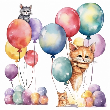 flying cat tied to a balloon clipart, balloons lined up side by side clipart , party balloons clipart, birthday party centerpiece, watercolor clipart