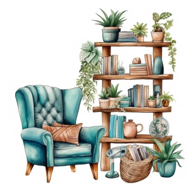A boho style library corner with watercolor effect, boho furniture, details, boho colors, suitable for digital clipart, white background, boho style teal tones plants, on the white background, hd