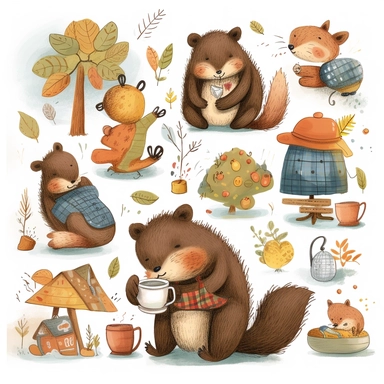 An endearing clip art collection featuring cute animals engaged in everyday activities, such as a sleepy bear hugging a honey jar, a cheerful squirrel gathering acorns, a busy ant carrying a leaf, and a contented hedgehog curled up in a cozy nest, Artwork, digital illustration with a whimsical and child-friendly style,
