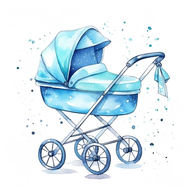 clipart kawaii blue baby carriage, watercolor, simple, white background
