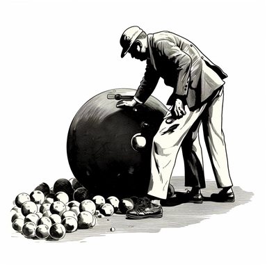 PT 1920’s spot illustration of an 8-ball crushing a man, just his shoes under the 8-ball, Dover publications clip art, black and white, white background <#1101269105048305814>