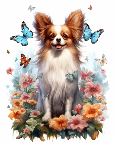 detailed watercolor Papillon dog standing on flowers , hyper realistic, isolated on a white background, clipart