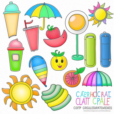 Please create a series of color-pencil clipart illustrations featuring different items related to summer. Each illustration should be drawn in a playful and cheerful style that captures the vibrancy and warmth of the season. Items to include can be beach balls, watermelons, sun hats, flip-flops, and ice cream cones. Please use a colorful and coherent color palette that is bright and evokes the feeling of warmth and sunshine. Colors that are associated with summer, such as yellows, oranges, pinks