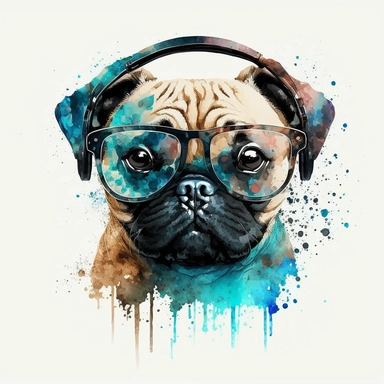 Cute dog black He puts headphones dancing watercolor clipart best puts on glasses