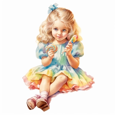 vintage adorable little girl eating rainbow candy, full body, pastel beige colors, clipart style, accurate details, watercolor technique, super high quality, professional watercolor clipart, high resolution