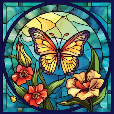 stained glass clipart of one butterfly and flowers, vincent van gogh style