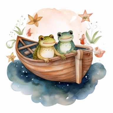 cute Cottagecore frog and toad in a boat on a pond with celestial accents, Clipart, watercolor, white background with margins