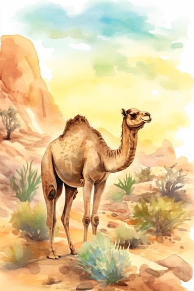 Desert Camel Sun Watercolor illustration style clip art for garden flag design,8k,HD