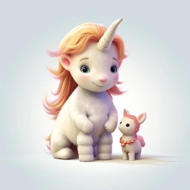 a very cute little white digital painting, clipart of plush unicorn toy on white background playing with a smiling reddish blonde 5 year old girl in magical garden children’s illustration style