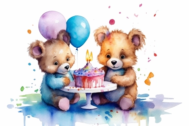 beautiful watercolor pastel 2 birthday baby bears eating birthday cake with balloons clipart, hd, pixar style, isolated on white background, spaced out