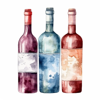 Wine bottle watercolor clipart, white background, neutral muted colors, high quality, hyperrealistic, detailed, red, blue, white, picnic