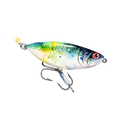 Watercolor fishing lure clipart, white isolated background, space out, hd