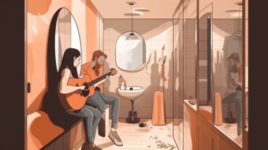 woman in front of the mirror in restaurant's bathroom, man play guitar next to, high angle shot, clipart style, sketched