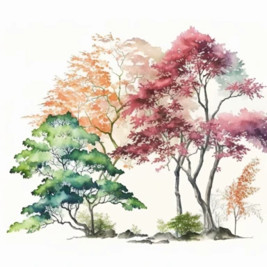 Watercolor, Japanese Maple Trees, long branches, spring grass, Clipart, springtime japanese trees, forest, tall grass, white background