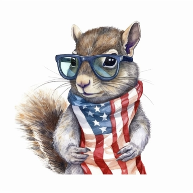 an Eastern gray squirrel, American flag scarf and sunglasses, backdrop of acorns and a tree branch, colorful ink wash paintings, realistic animal illustrations, 2d game art, quadratura, clipart, on white background,