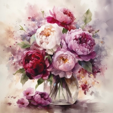 Indulge your senses in the enchanting beauty of a watercolor masterpiece. This exquisite painting captures the essence of a vibrant flower bouquet featuring elegant pink British peonies, delicate pink and lilac roses, rich burgundy antirrhinum, and pristine white astrantia, all lovingly arranged in a glass vase. Against a clean white background, the wet watercolor technique brings the artwork to life, with sharp brush strokes creating depth and texture. The high-definition (HD) quality ensures a