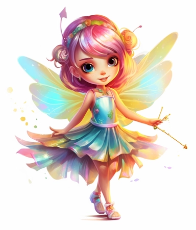 free clipart, cute little fairy in a short rainbow dress, in the style of whimsical and fantastical elements, shiny eyes, dark gold and pink, graffiti style, light turquoise and light yellow, transparent layers, pixar disney style, dynamic pose, white background