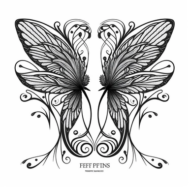 symmetrical dragonfly style fairy wings in art nouveau style, black lines, detailed, flat design, flat flowers embedded into the wings, white background, clipart style, black and white,