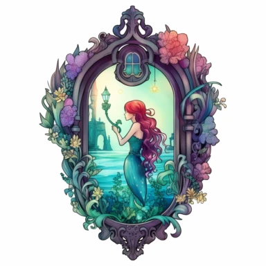 fantasy little mermaid gothic clipart in a keyhole with bright colors