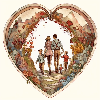 (perfect body figure) of a cute loving American family of 4, hiking into a magical CIRCUS (a perfect close-up single-point-perspective view from the back) with its own habitats (flowers and plants) made into a natural-heart-shape, vintage in watercolor st