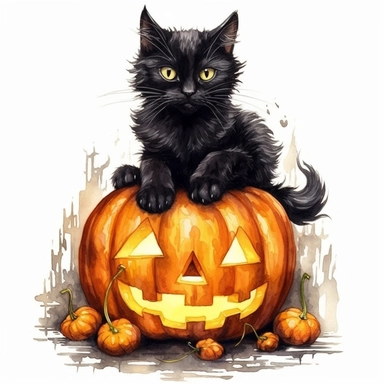 Black cat sitting in Jack - o' - lantern, halloween, isolated on white background watercolor, high detail, unique, intricate detail, hand Sublimation Clipart, Cartoon, hyper realistic, intricate detail, illustration style, high solution, on the white background
