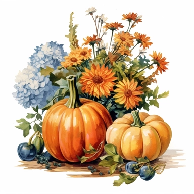 hyperrealism painting, variety flowers , pumpkin floral bouquet , white background, watercolor style, farmhouse chic, tempera clipart