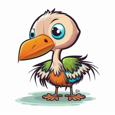 A clipart for kids with a cute baby stork animal motif in frontal view on white background. The animal motif is depicted in bold colors