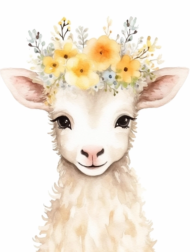watercolor, cute baby lamb face portrait with crown of flowers, nursery art, farm, clipart
