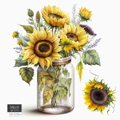 atercolor sunflower clipart, sunflower floral bouquet, white background, sunflower bouquet in the jar, no captions--v 4