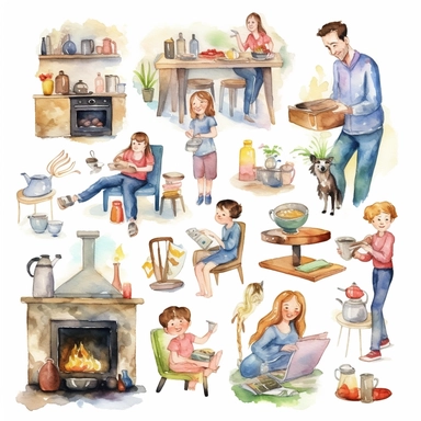 watercolor, Set of family home activities. Happy parents and children playing video and board games, cooking, dancing, doing jigsaw puzzles, taking baths, and painting together. png Full body realistic cartoon in 32K UHD cute. 15 cm thick outline. Black color. There was no shadow on the ground. 8k with realistic watercolors and detailed illustrations. PNG clipart, transparent white background