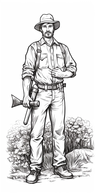 gardener holding a tool full body colouring book page vector illustration with hatching isolated on white, stock clipart, black and white