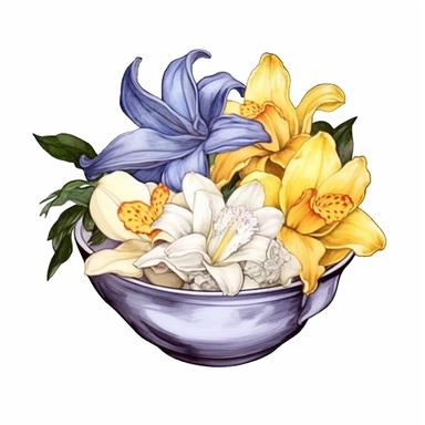 watercolor ginger, jasmine and lilac flowers in a bowl, in the style of light gray and dark azure, tropical symbolism, realistic renderings of the human form, light yellow and amber, tattoo, made of all of the above, white background Clipart desert cartoon t-shirt graphic, vector, contour, isolated on a white background