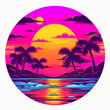 clipart of beach sunset, synthwave, cartoon style, vector, on a white background