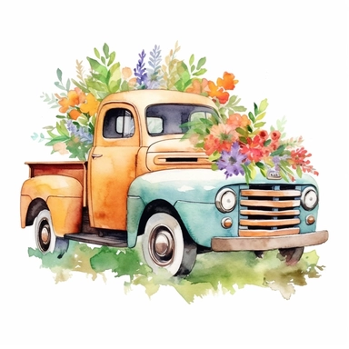 Watercolor Flower Truck Clipart Floral Truck Vintage Truck Clipart Junk Journal Farmhouse Clipart Floral Truck watercolor floral in bonnet or back with base grass rusty good color vehivles and colorful florals