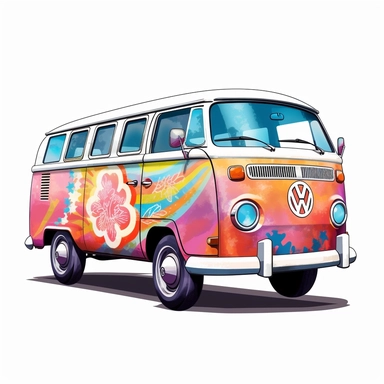 clipart of the front of a VW van from 1975 with peace signs, white background, groovy style, pink, orange, aqua colors