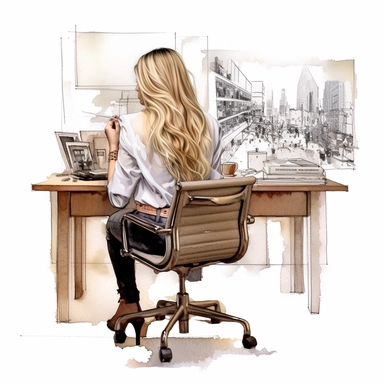 watercolor clipart of detailed high fashion campaign image, female model, long blonde hair, beautiful, she is sketching architectural drawings in an office place, you cant see her face its shot from the back of her, shot in the style of giampaolo sgura, you can see the model from head to toe, the camera angle is wide shot
