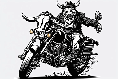 A Cow riding Harley-Davidson, dynamic sports graphic, Clean vector art, clipart, sticker, black on white background
