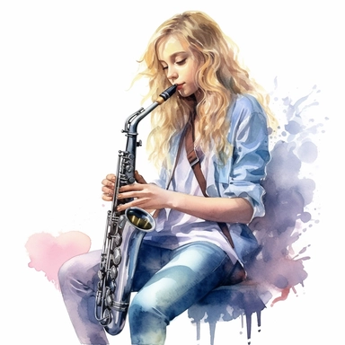 clipart, detailed watercolor illustration, 18 years old, the girl plays the saxophone, the girl is wearing a light dress, photorealistic