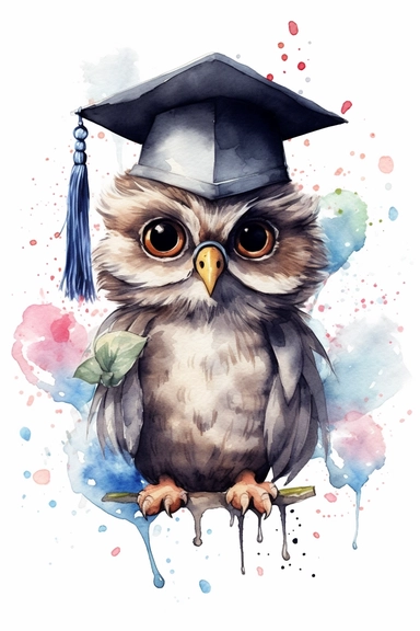 Create a watercolor clipart picture of a cute and happy baby owl wearing a graduation cap. The owl should have an adorable and delighted expression, with its feathers depicted in soft watercolor textures. The graduation cap should be adorned with a tassel and placed on the owl’s head. Surround the owl with celebratory elements such as confetti, balloons, and diplomas.